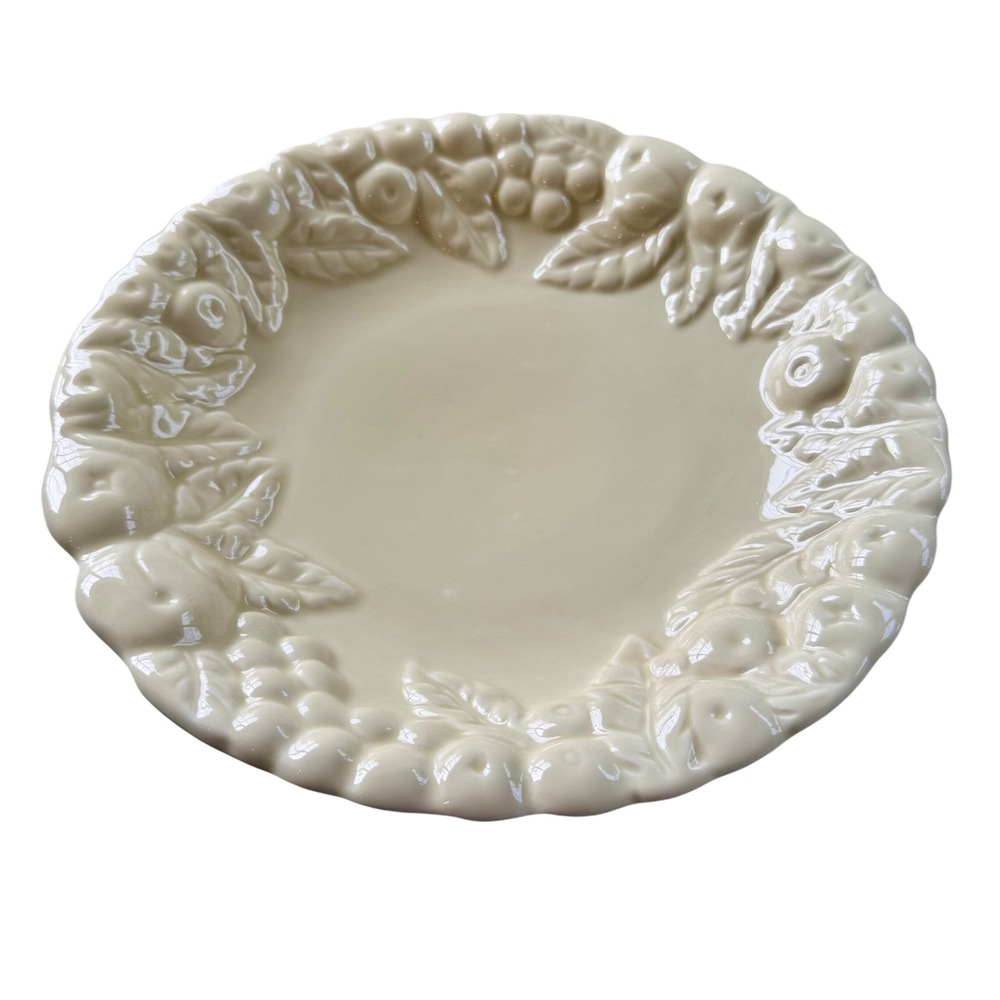 Claire Burke Ceramic Fruit Embossed Serving Bowl Cream Scalloped 10.5 Inch